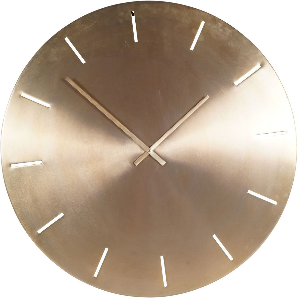 Front view of the circular antique brass finish wall clock with cut-out hour markers and two slender gold hands.