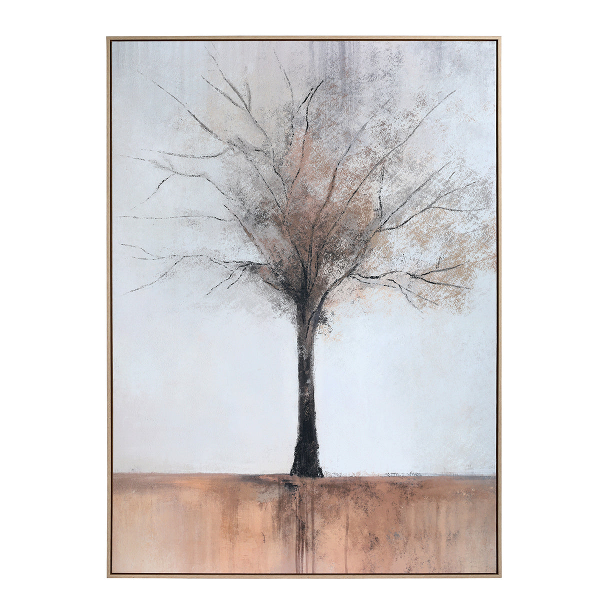 Front view of framed tree artwork with rust-brown foliage, a pale blue-grey background and ochre ground.