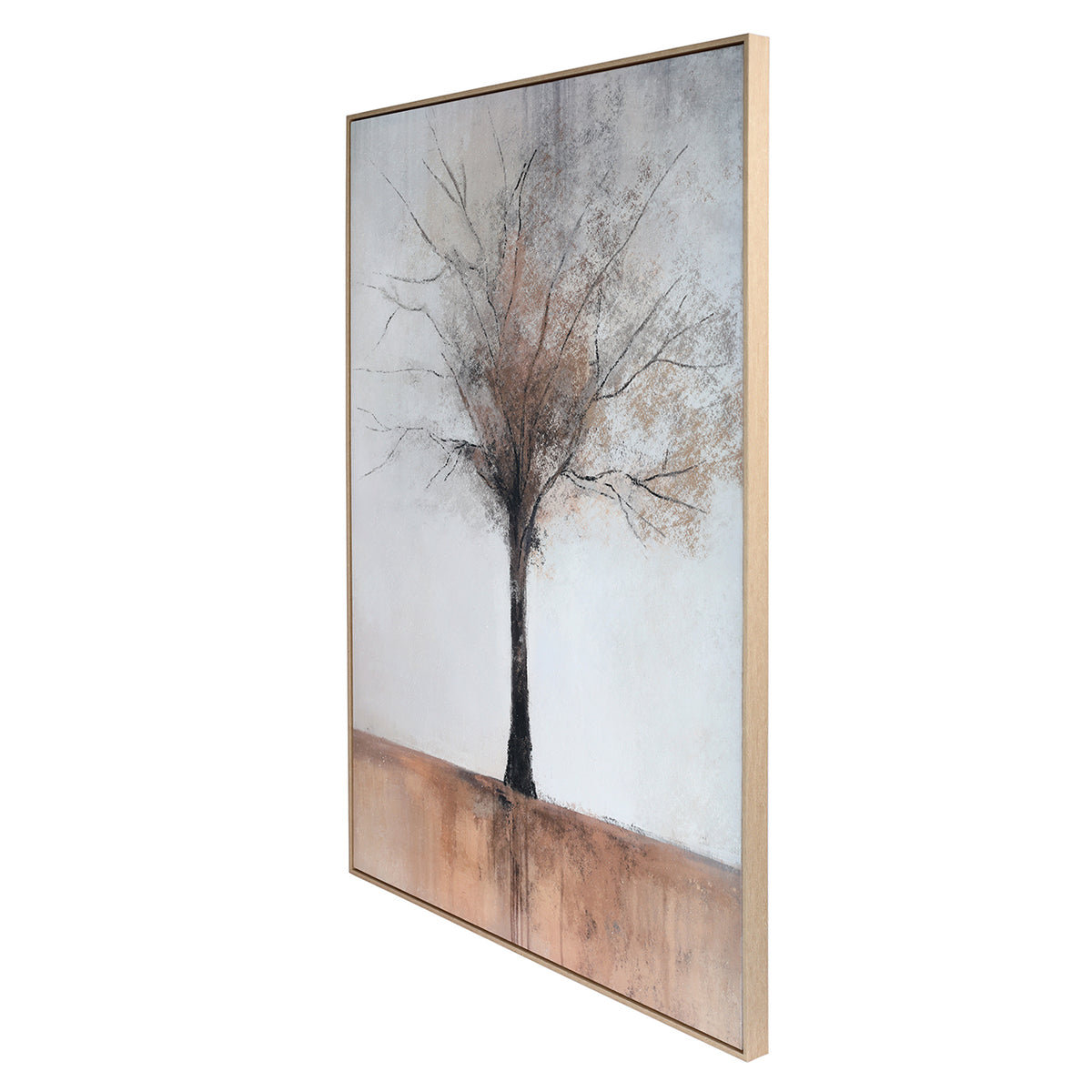 Angled view of the vertical tree artwork showing the shallow profile and pale wood grain frame.