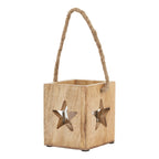 Square brown tea light holder viewed at an angle, with star openings on two sides and a raised tan rope handle.
