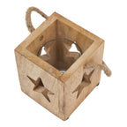 View into the open top of the square star tea light holder, showing the clear cylindrical insert and rope handle attachments.