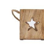 Close-up of a star-shaped opening in the brown holder, showing the visible grain, darker cut edges and rope handle to one side.