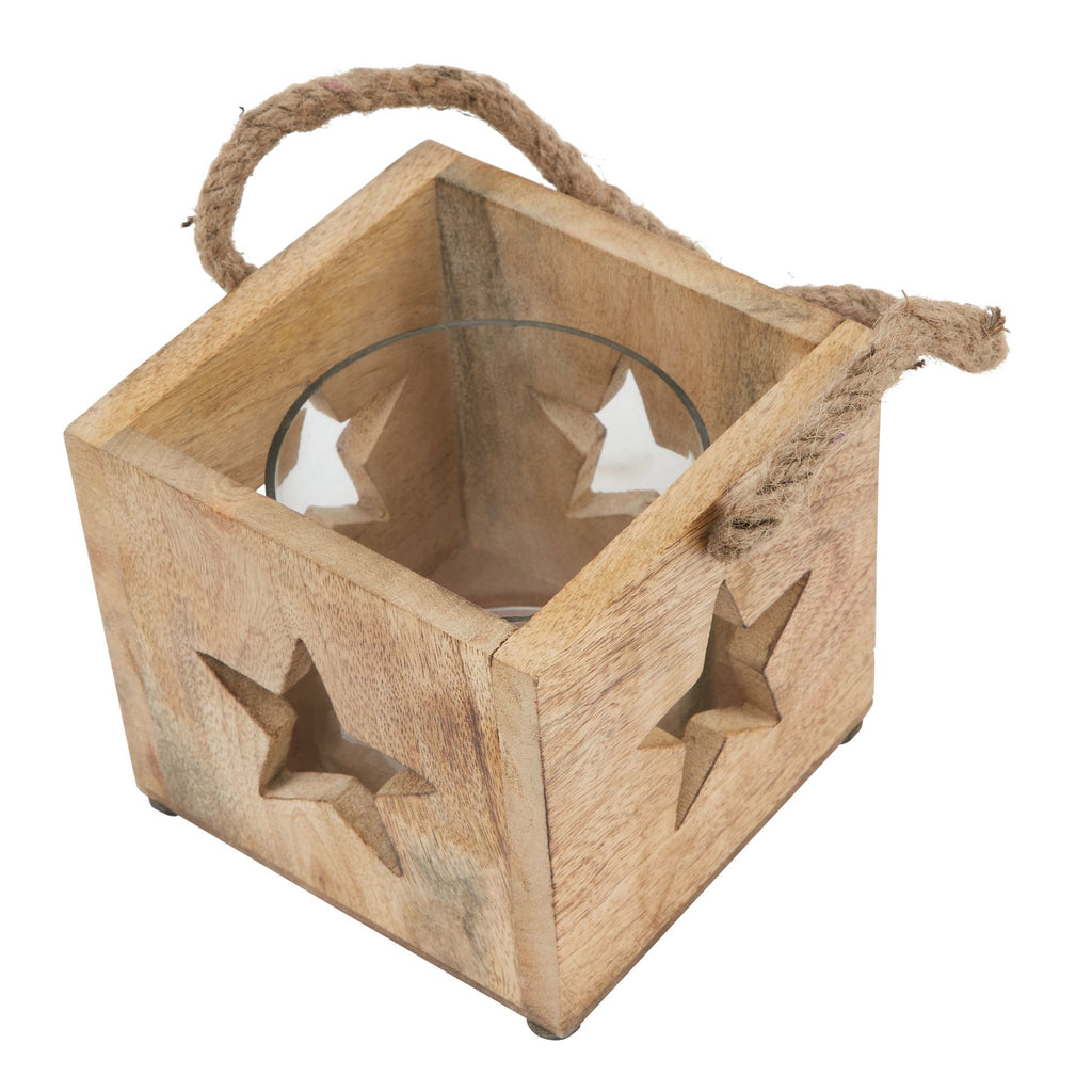View into the open top of the star tea light holder, showing the clear cylindrical insert and rope handle resting to the sides.