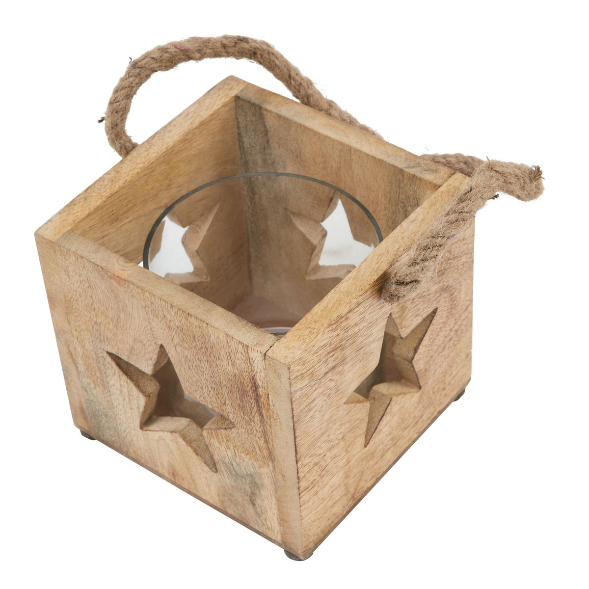 View into the open top of the star tea light holder, showing the clear cylindrical insert and rope handle resting to the sides.