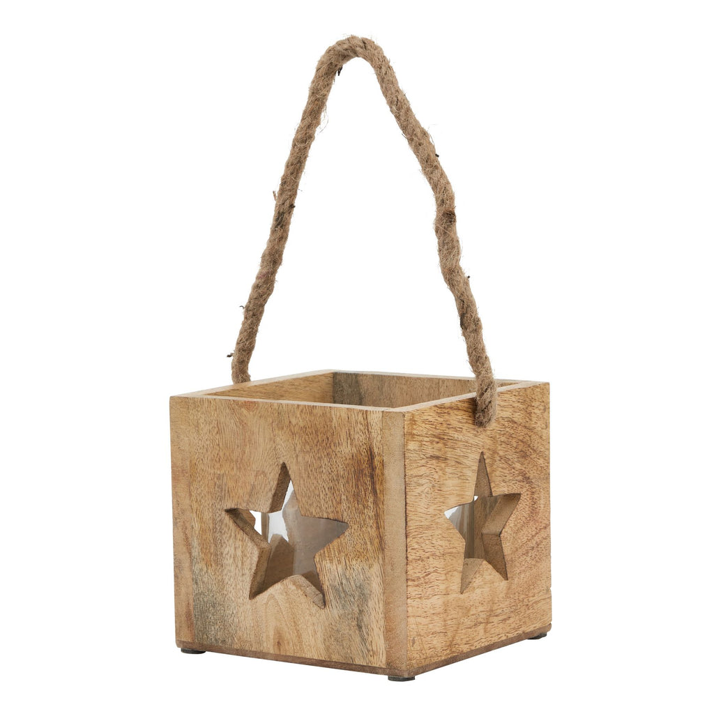 Square brown tea light holder viewed from a corner, showing two star cut-outs and an upright looped rope handle.