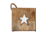 Close-up of a star-shaped opening in the brown tea light holder, with darker grain markings and part of the rope loop above.