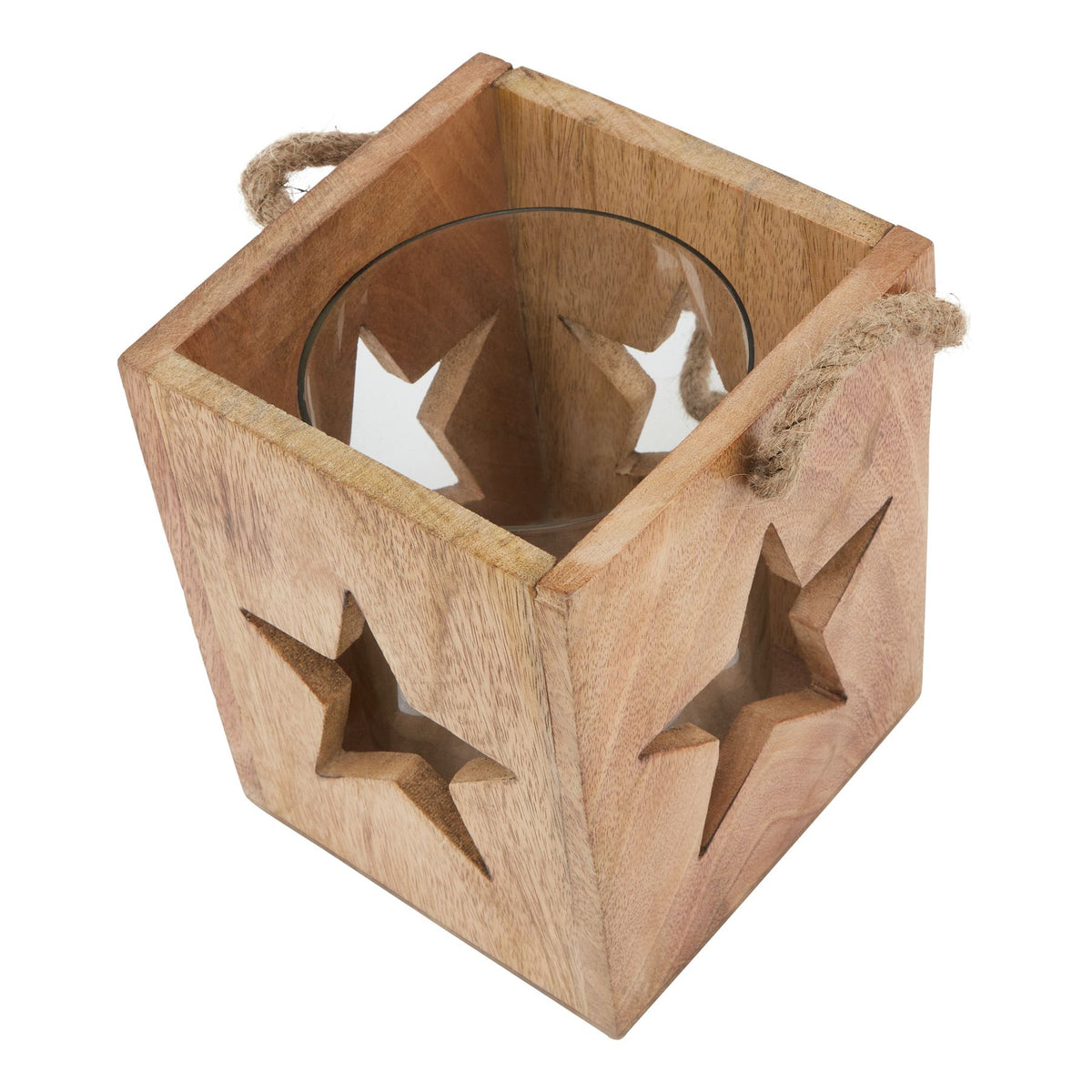 View into the open top of the star tea light holder, showing the clear circular insert and rope handle resting at the sides.