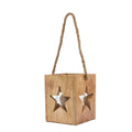 Brown square tea light holder viewed at an angle, with star apertures on two faces and a tall rope handle.