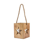 Brown square tea light holder viewed at an angle, with star apertures on two faces and a tall rope handle.