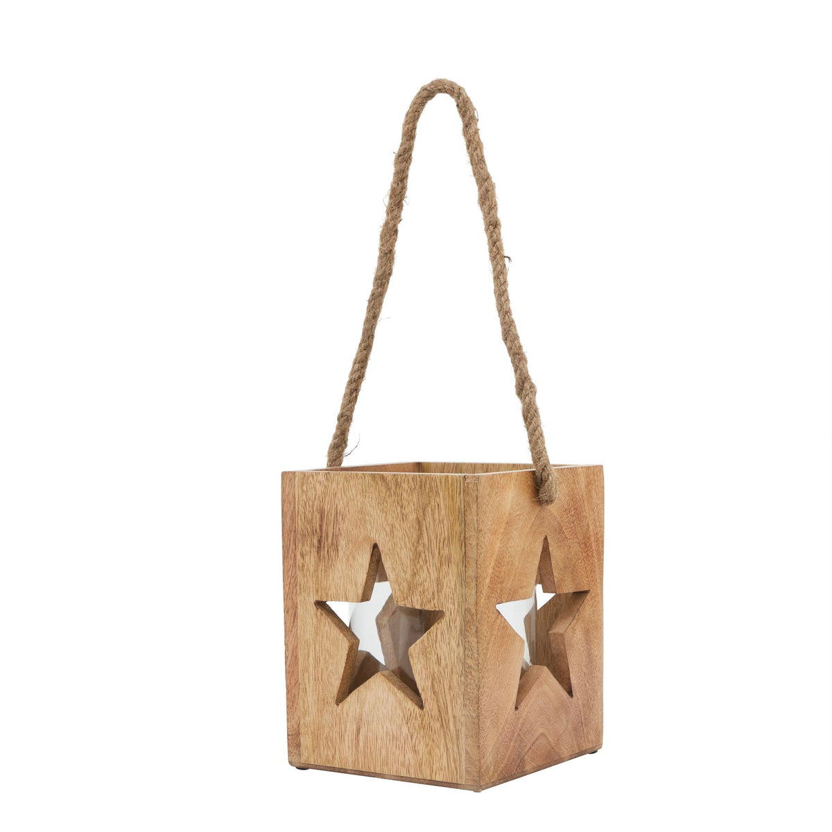 Brown square tea light holder viewed at an angle, with star apertures on two faces and a tall rope handle.