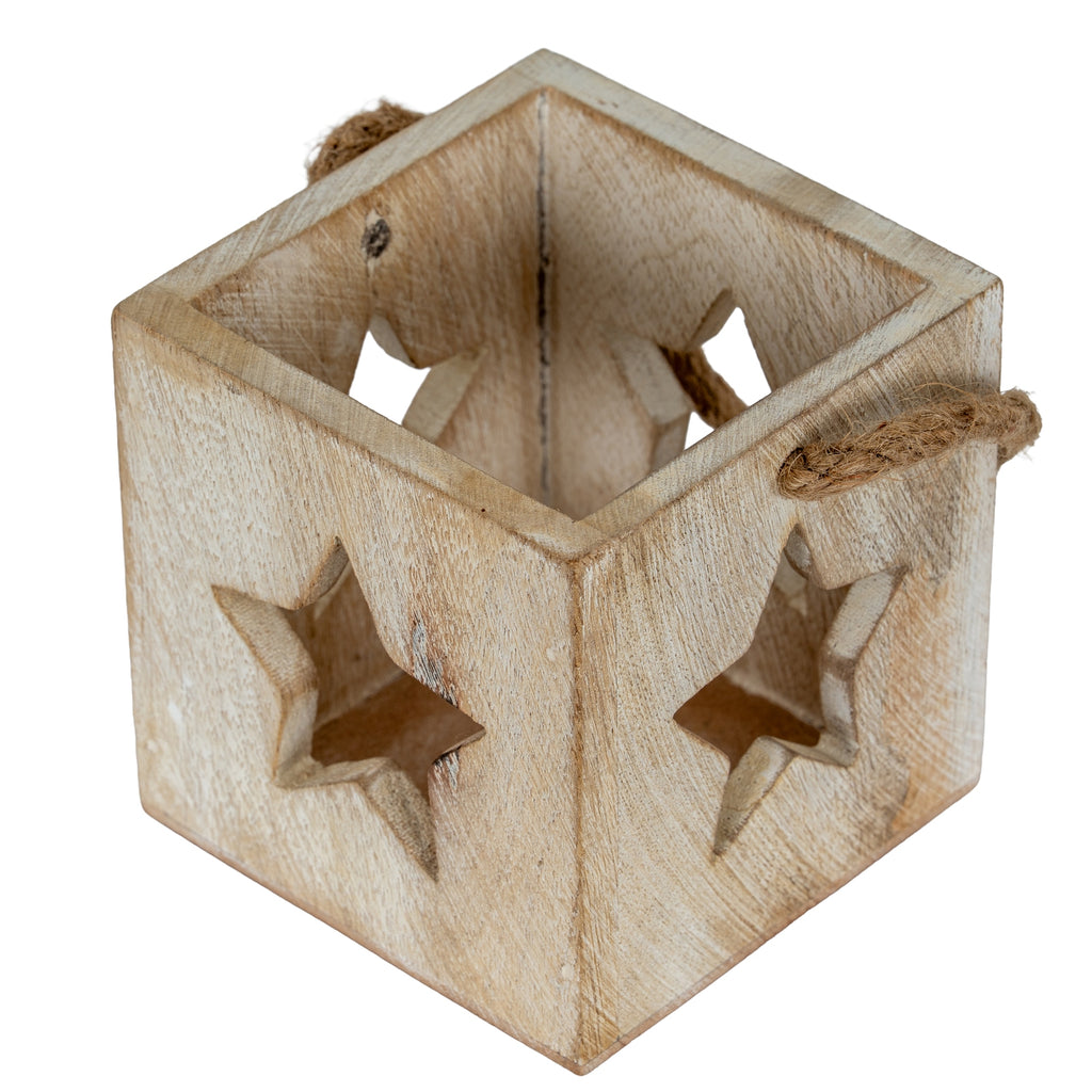 View from above showing the open square interior, star-shaped side openings and rope loops of the candle holder.
