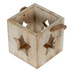 View from above showing the open square interior, star-shaped side openings and rope loops of the candle holder.