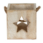 Front view of the candle holder showing a large star cut-out, pale surface texture and rope loops at either side.