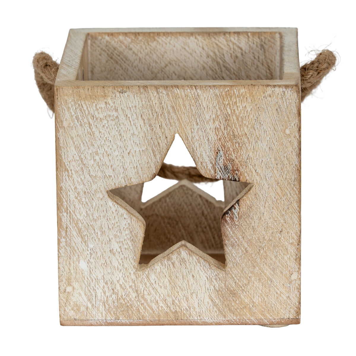 Front view of the candle holder showing a large star cut-out, pale surface texture and rope loops at either side.