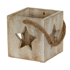 Angled view of a pale washed square candle holder with star cut-outs and a rope loop draped across the corner.