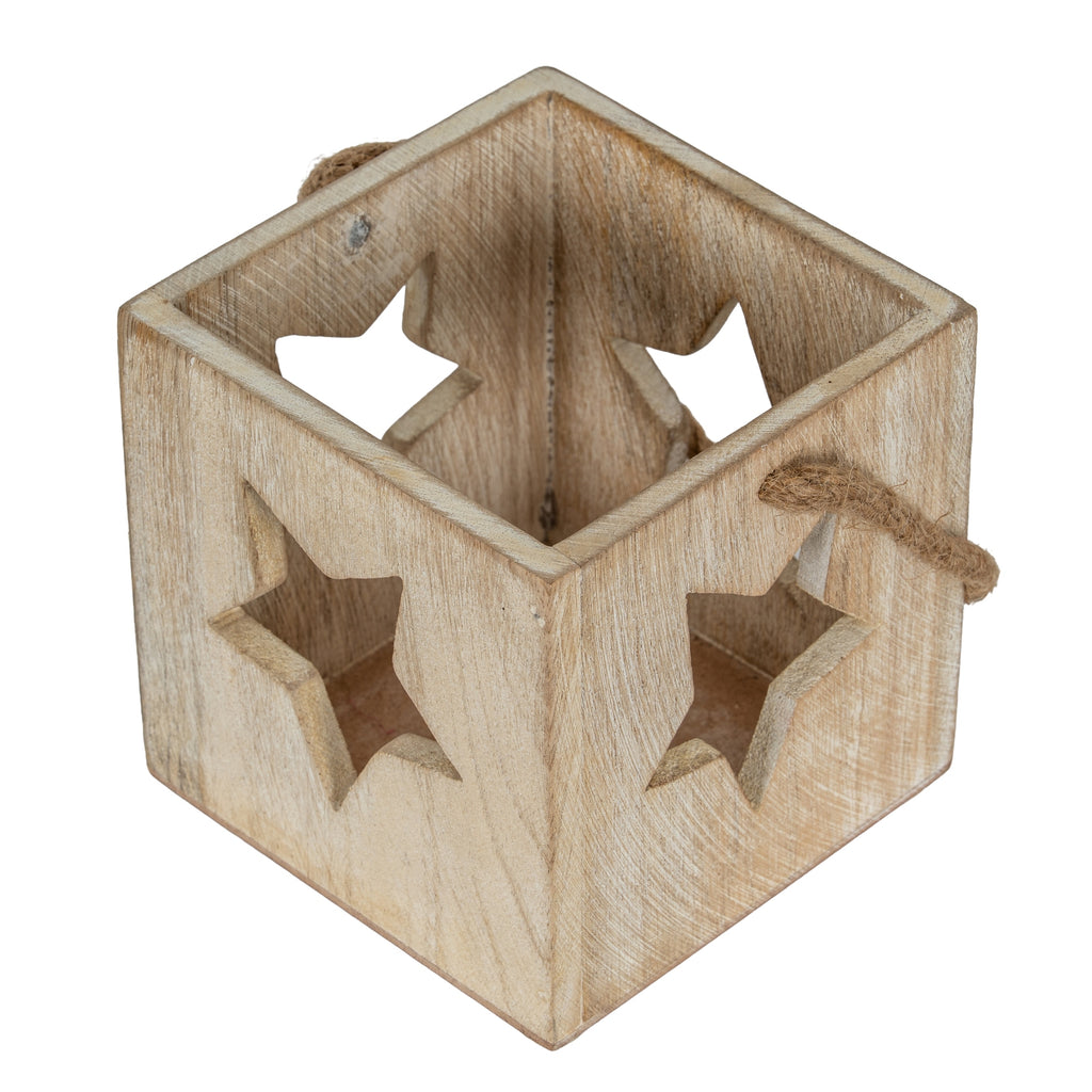 View from above into the empty square candle holder, showing its open top, star-shaped side openings and rope loops.