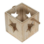View from above into the empty square candle holder, showing its open top, star-shaped side openings and rope loops.