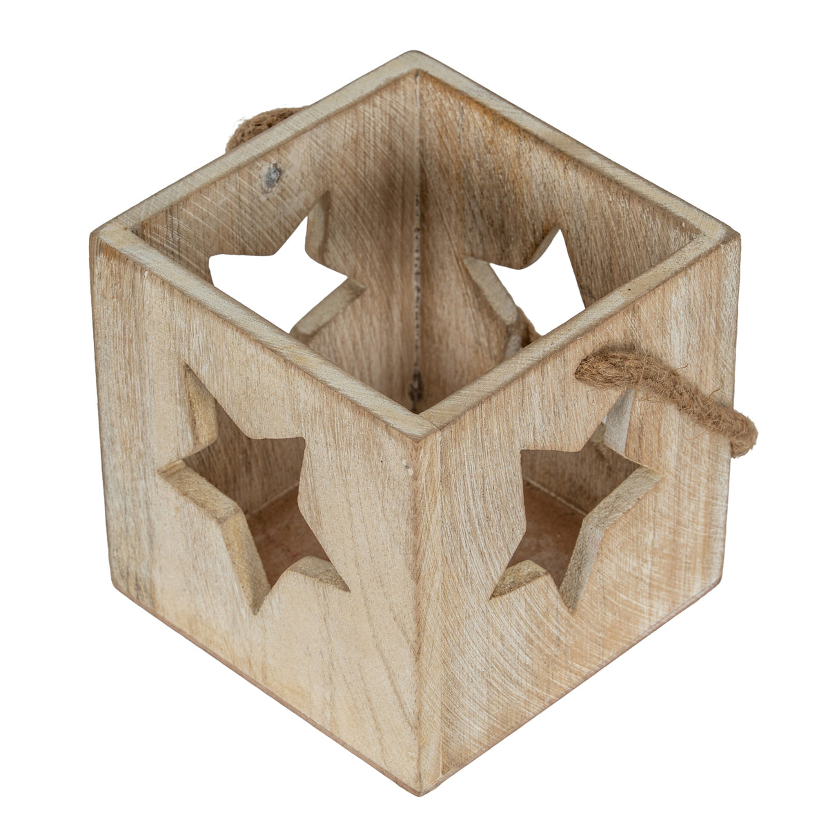 View from above into the empty square candle holder, showing its open top, star-shaped side openings and rope loops.