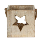 Front view of the candle holder with a large star-shaped cut-out, streaked pale surface and rope loops visible at either side.