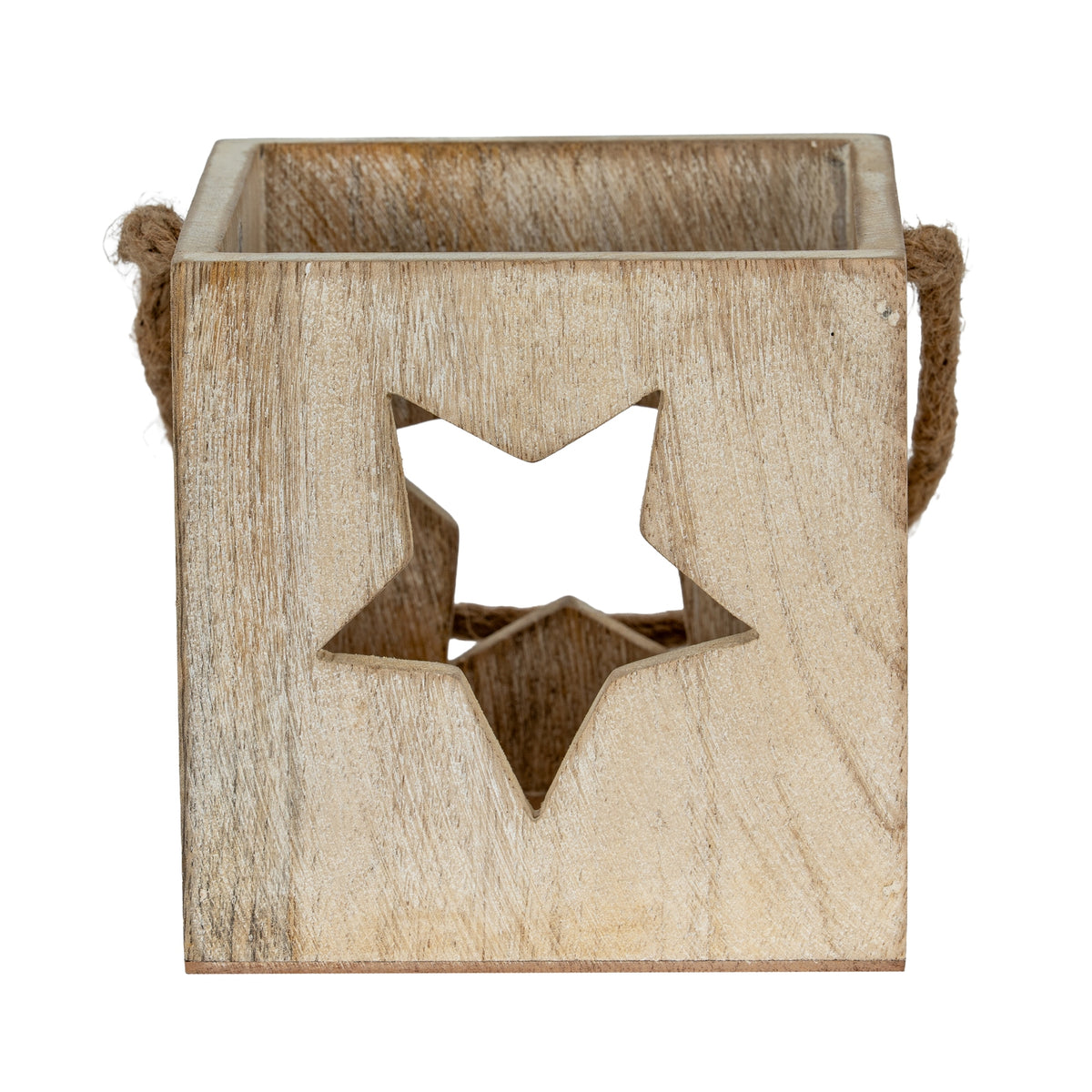 Front view of the candle holder with a large star-shaped cut-out, streaked pale surface and rope loops visible at either side.