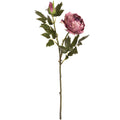 Full artificial flower spray against white, with a dusty-pink open bloom, upright closed bud and dark green leaves on branching stems.