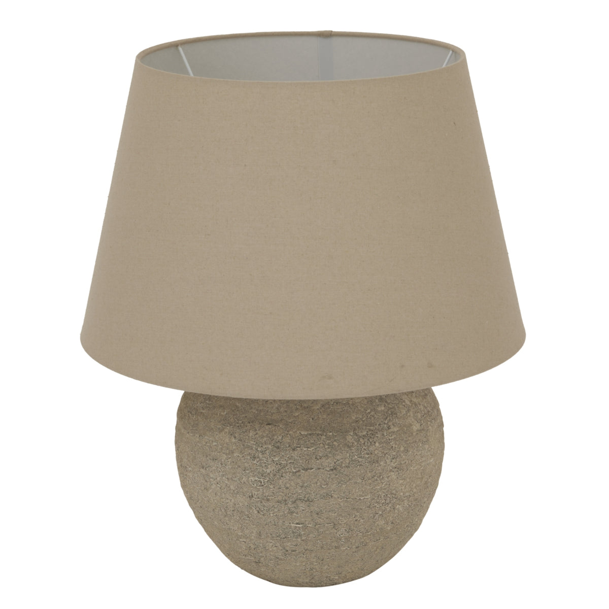 Rough Lowbase Table Lamp on a white background, showing its rounded mottled grey-beige base and broad tapered beige shade.