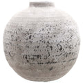 Grey-beige Rough Orbit Vase with an almost spherical body, short straight neck and dark irregular markings on a rough surface.