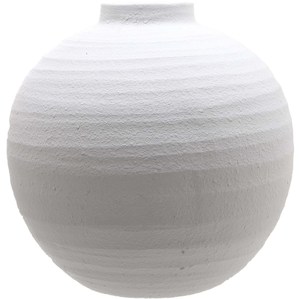 White rounded vase with a short straight neck, gently uneven outline and rough horizontal bands, shown against a white background.