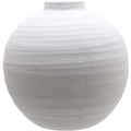 White rounded vase with a short straight neck, gently uneven outline and rough horizontal bands, shown against a white background.