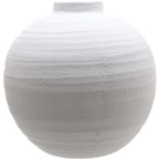 White rounded vase with a short straight neck, gently uneven outline and rough horizontal bands, shown against a white background.