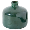 Emerald-green vase on a white background, showing its rounded body, short neck and glossy, varied finish.