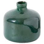 Emerald-green vase on a white background, showing its rounded body, short neck and glossy, varied finish.