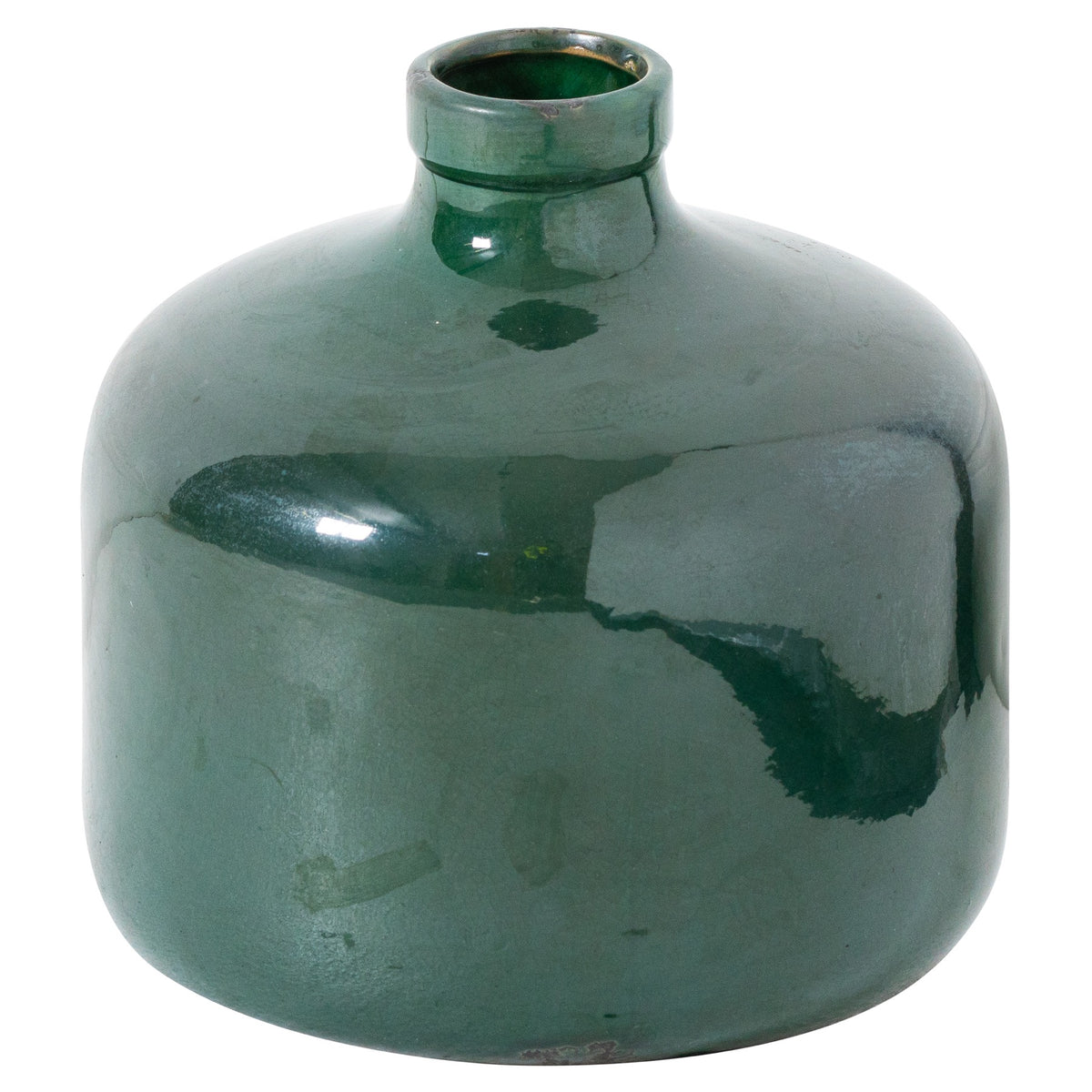 Emerald-green vase on a white background, showing its rounded body, short neck and glossy, varied finish.