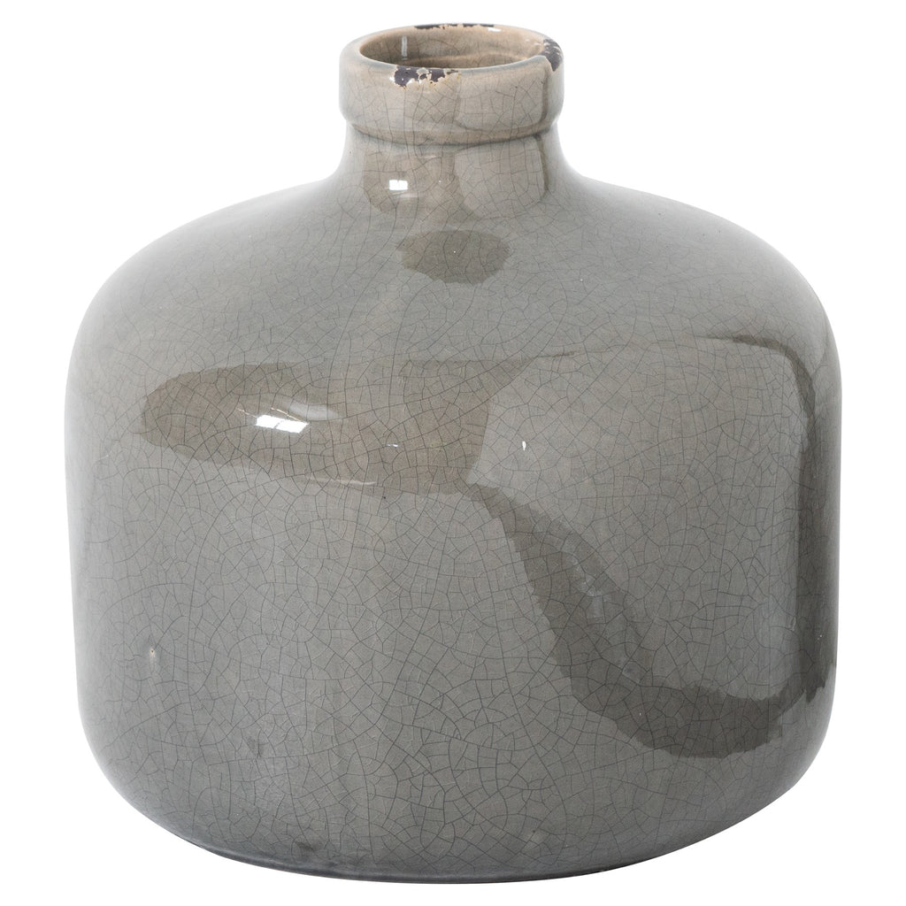 Grey vase on a white background, showing its broad rounded body, short neck and glossy crackle finish.