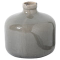 Grey vase on a white background, showing its broad rounded body, short neck and glossy crackle finish.