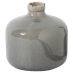 Grey vase on a white background, showing its broad rounded body, short neck and glossy crackle finish.