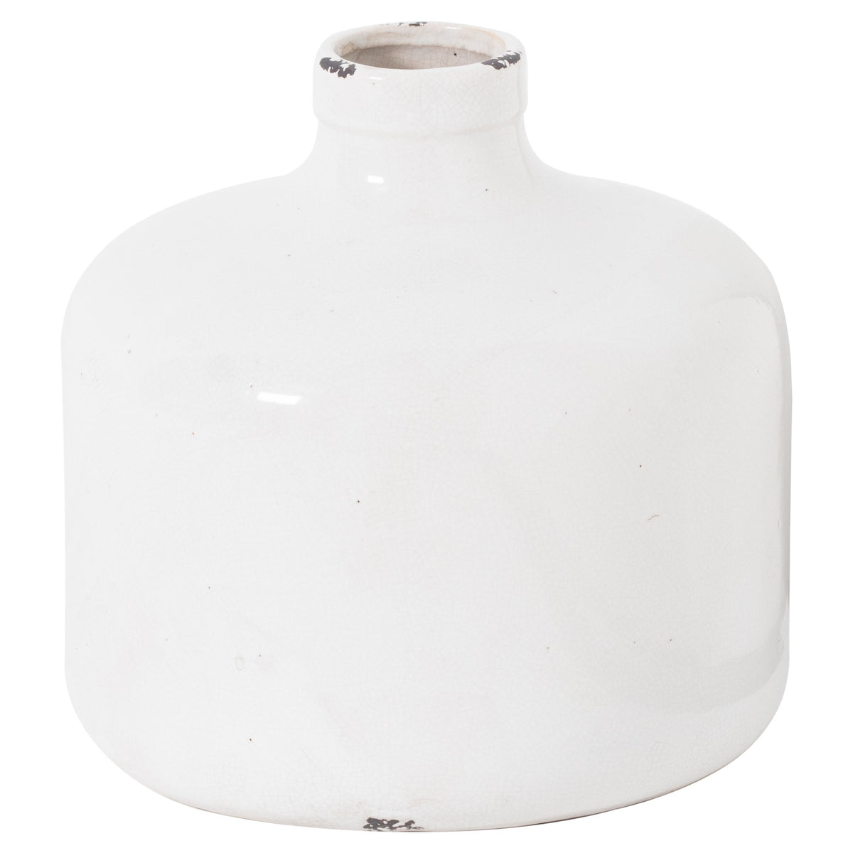 White round vase with broad curved shoulders, a short neck and dark worn-looking patches on the rim and base.