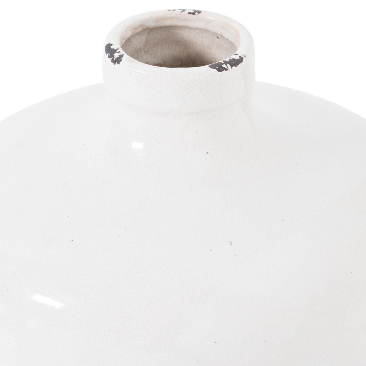 Close-up of the vase's open rolled rim and shoulders, showing fine crackle in the white glaze and dark markings around the mouth.
