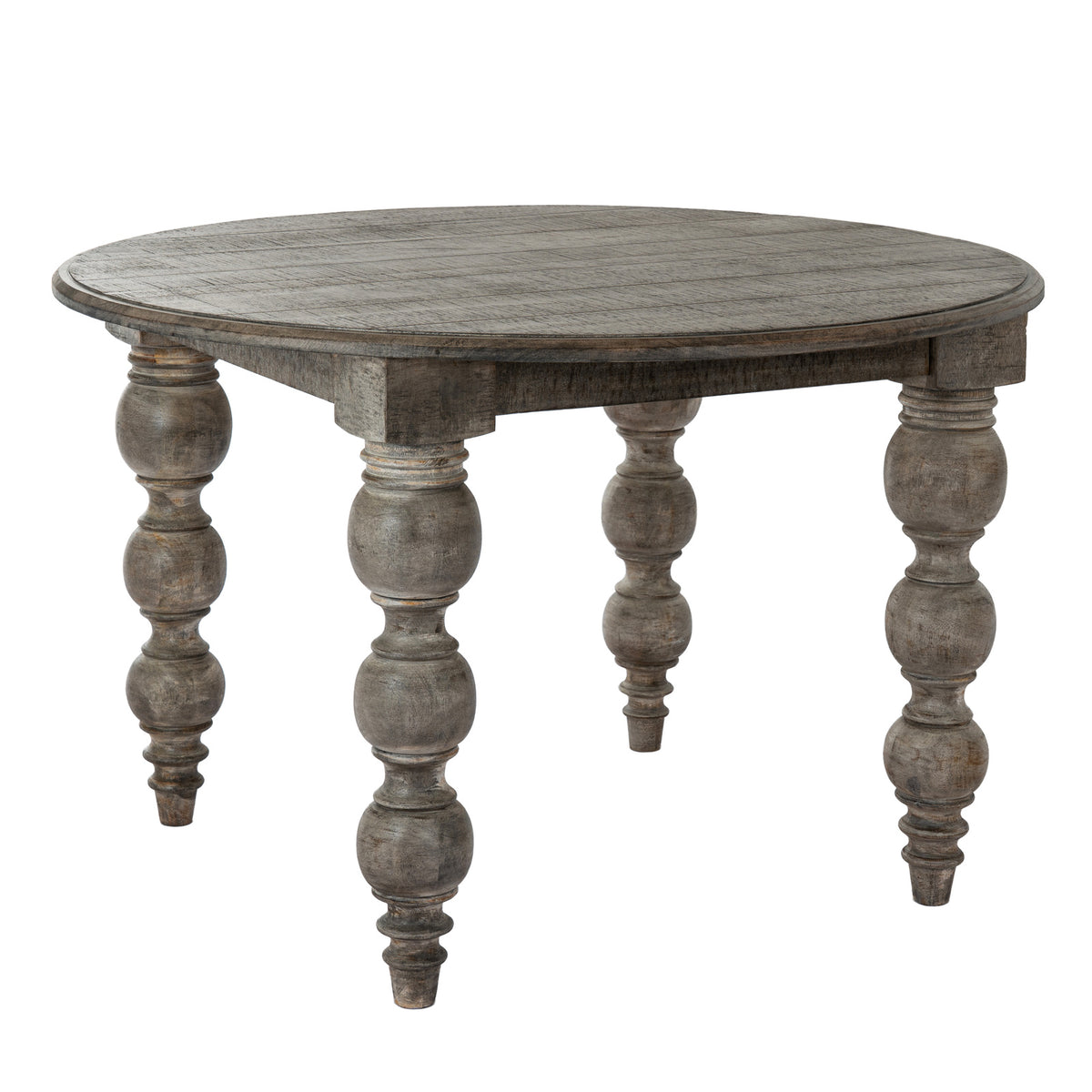 Round dining table shown against white, with a patterned grey-brown top and profiled outer edge.