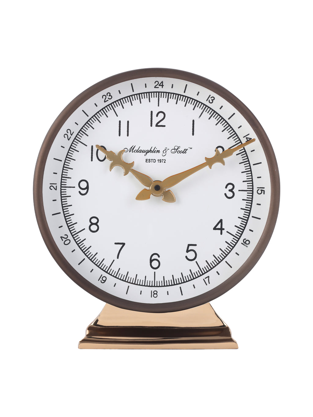 Front view of a round mantel clock with an ivory dial, black numerals, ornate gold-toned hands and a stepped gold-toned pedestal.