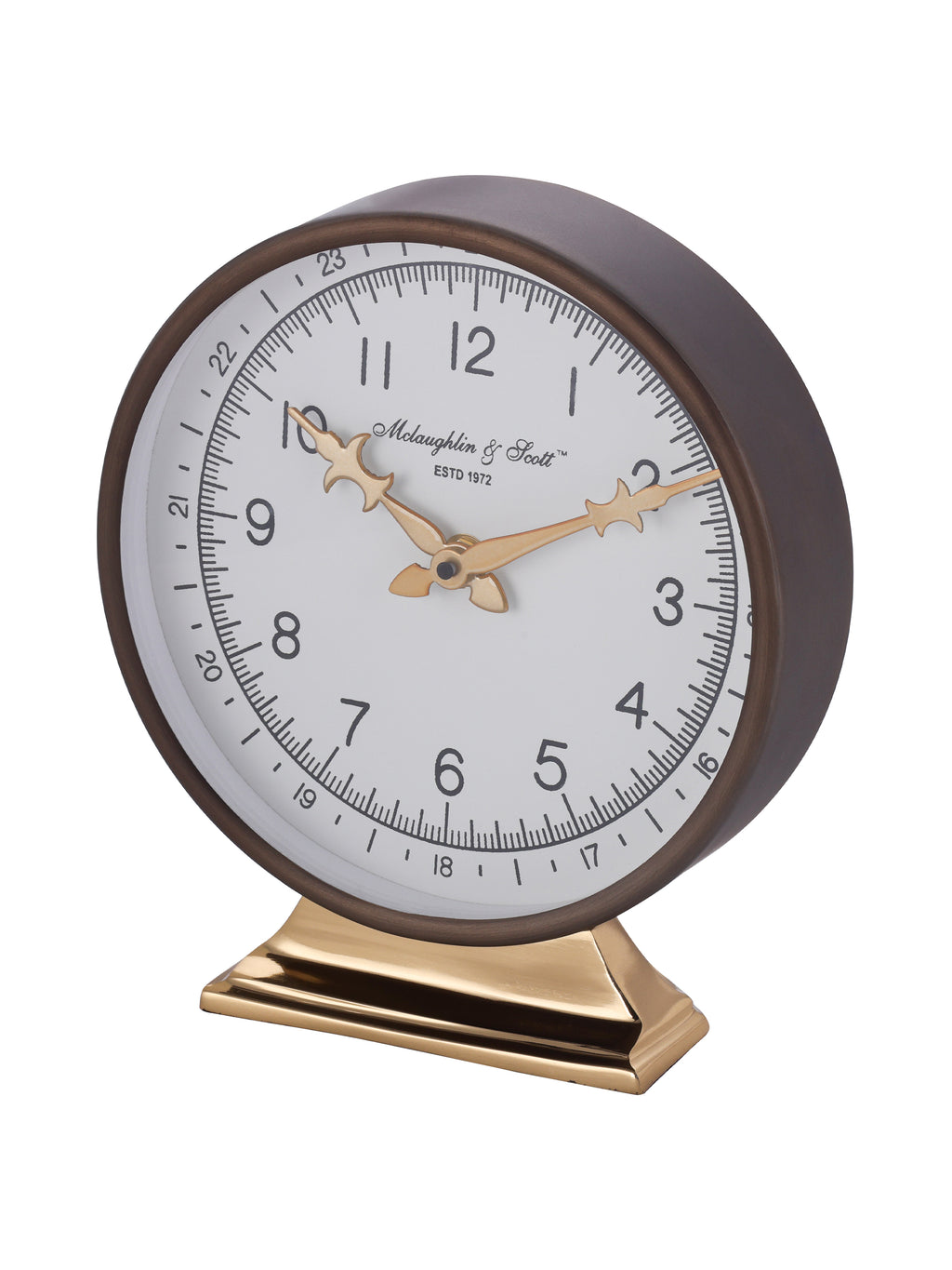 Angled view of the mantel clock showing the depth of its bronze-toned circular frame and polished pedestal base.