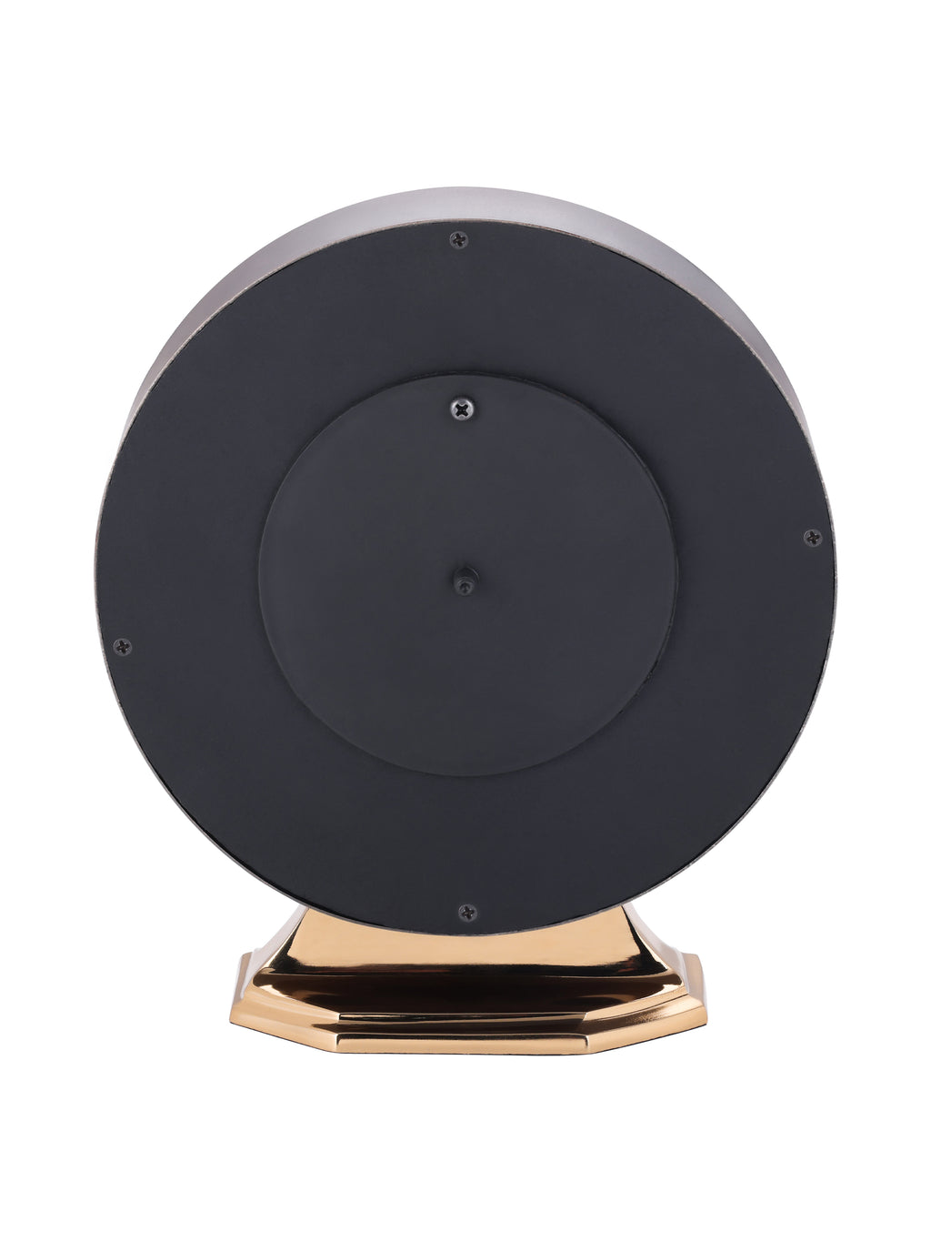 Rear view of the mantel clock with a black circular back panel, visible screws and a gold-toned stepped base.