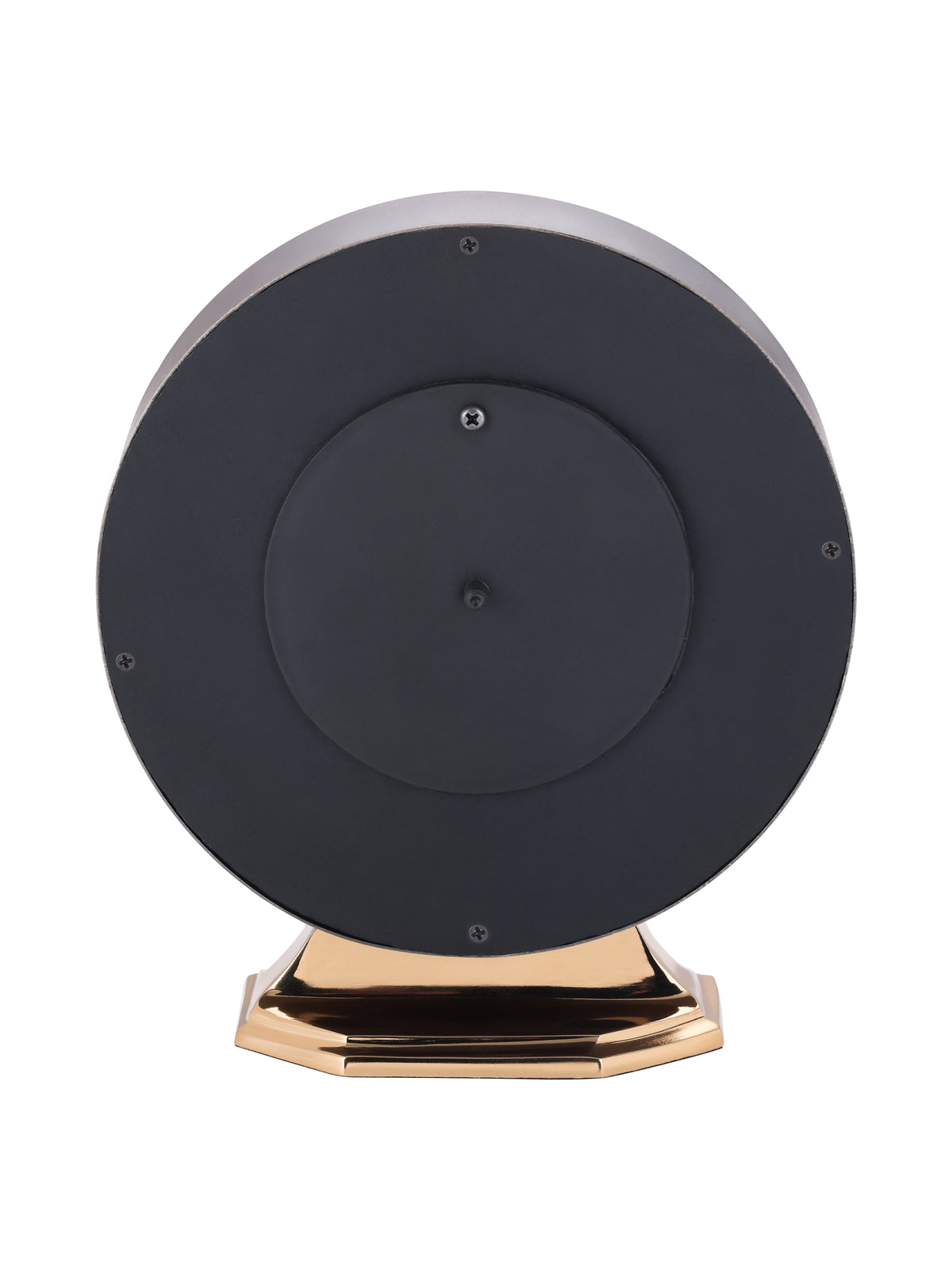 Rear view of the mantel clock with a black circular back panel, visible screws and a gold-toned stepped base.