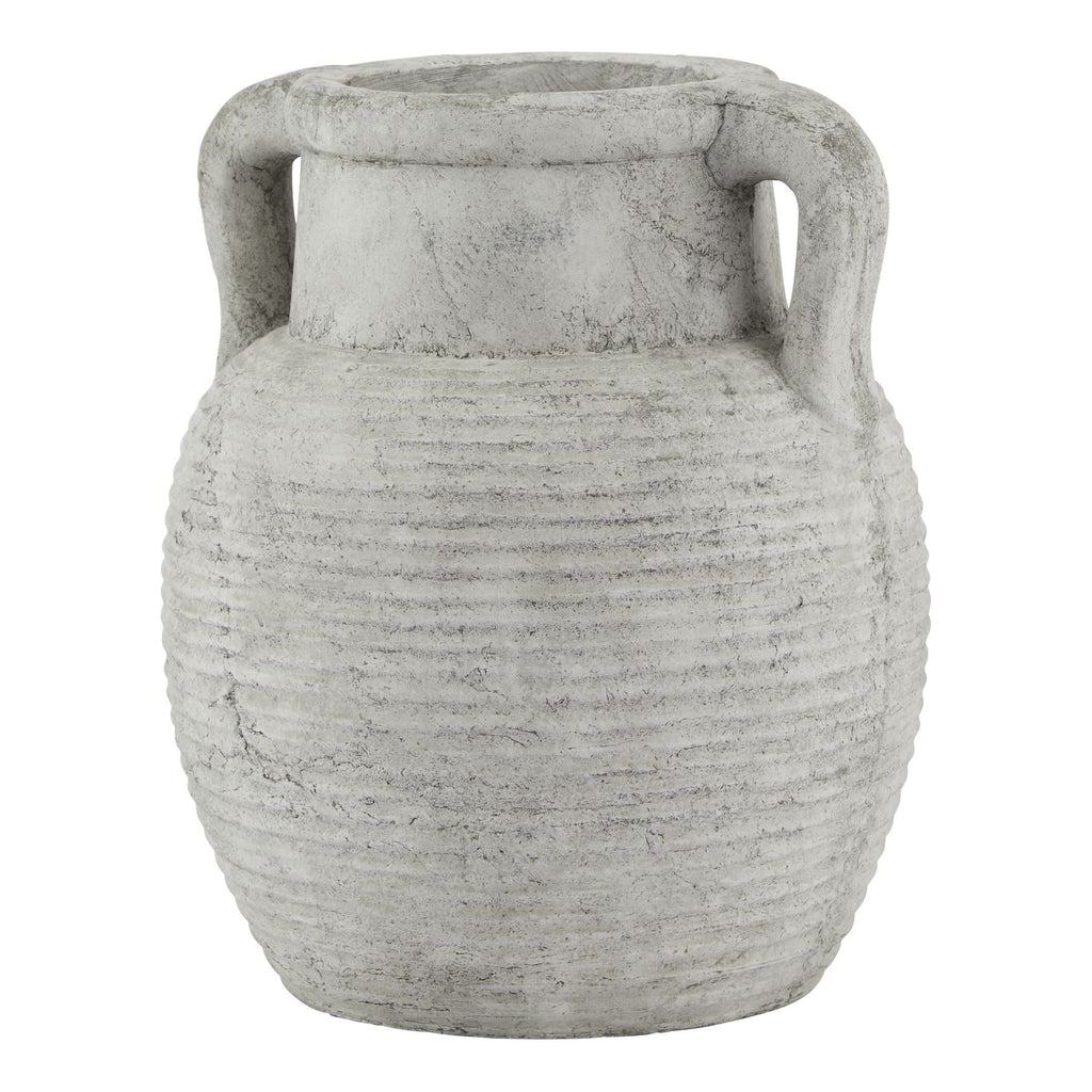 Pale grey amphora vase with two curved handles, a short neck and a rounded body covered in horizontal ribs.