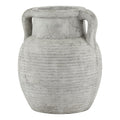 Pale grey amphora vase with two curved handles, a short neck and a rounded body covered in horizontal ribs.