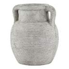 Pale grey amphora vase with two curved handles, a short neck and a rounded body covered in horizontal ribs.