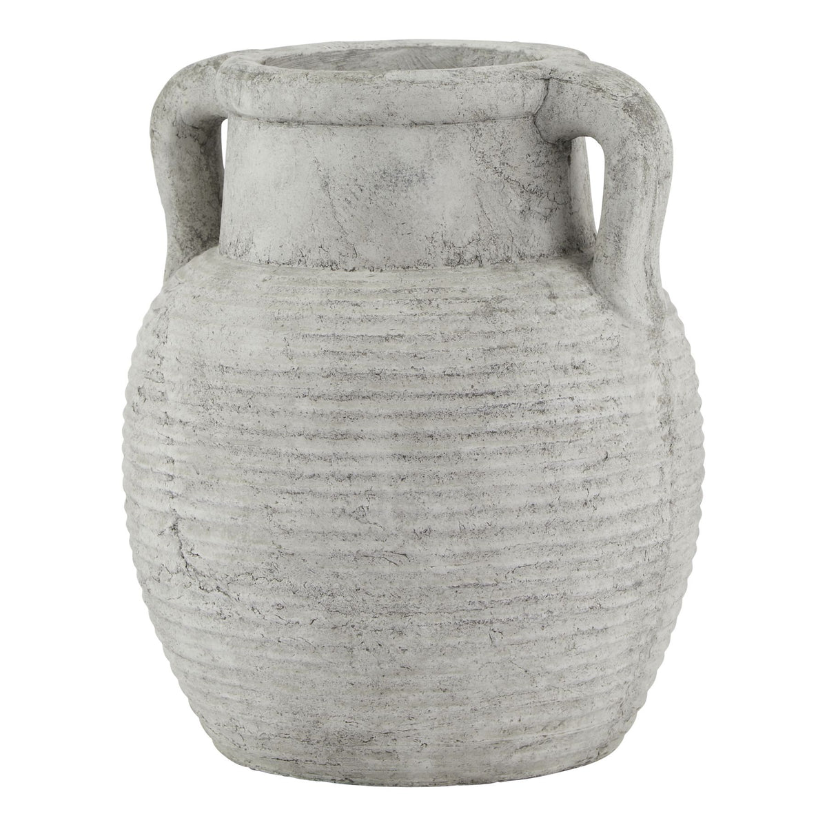 Pale grey amphora vase with two curved handles, a short neck and a rounded body covered in horizontal ribs.