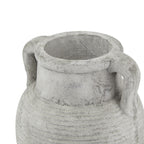 View from above of the vase opening, thick rim and curved handles, showing dark mottling across the pale finish.