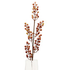 Roundberry artificial berry stem with branching brown stalks and cream, orange-brown and greenish berries, shown in a clear vase against white.