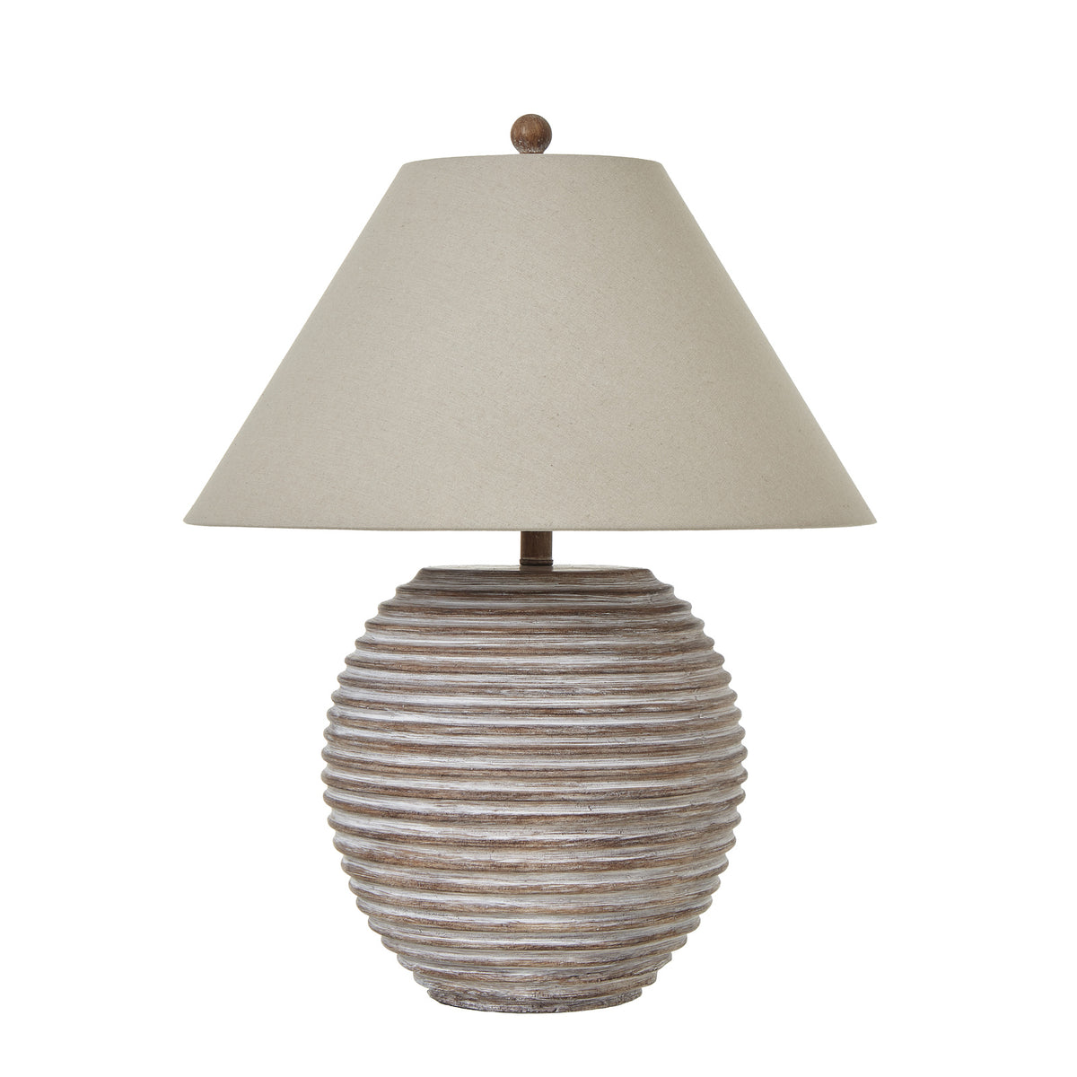 Rounded brown table lamp with horizontal ribs, a broad pale tan shade and round top finial on a white background.